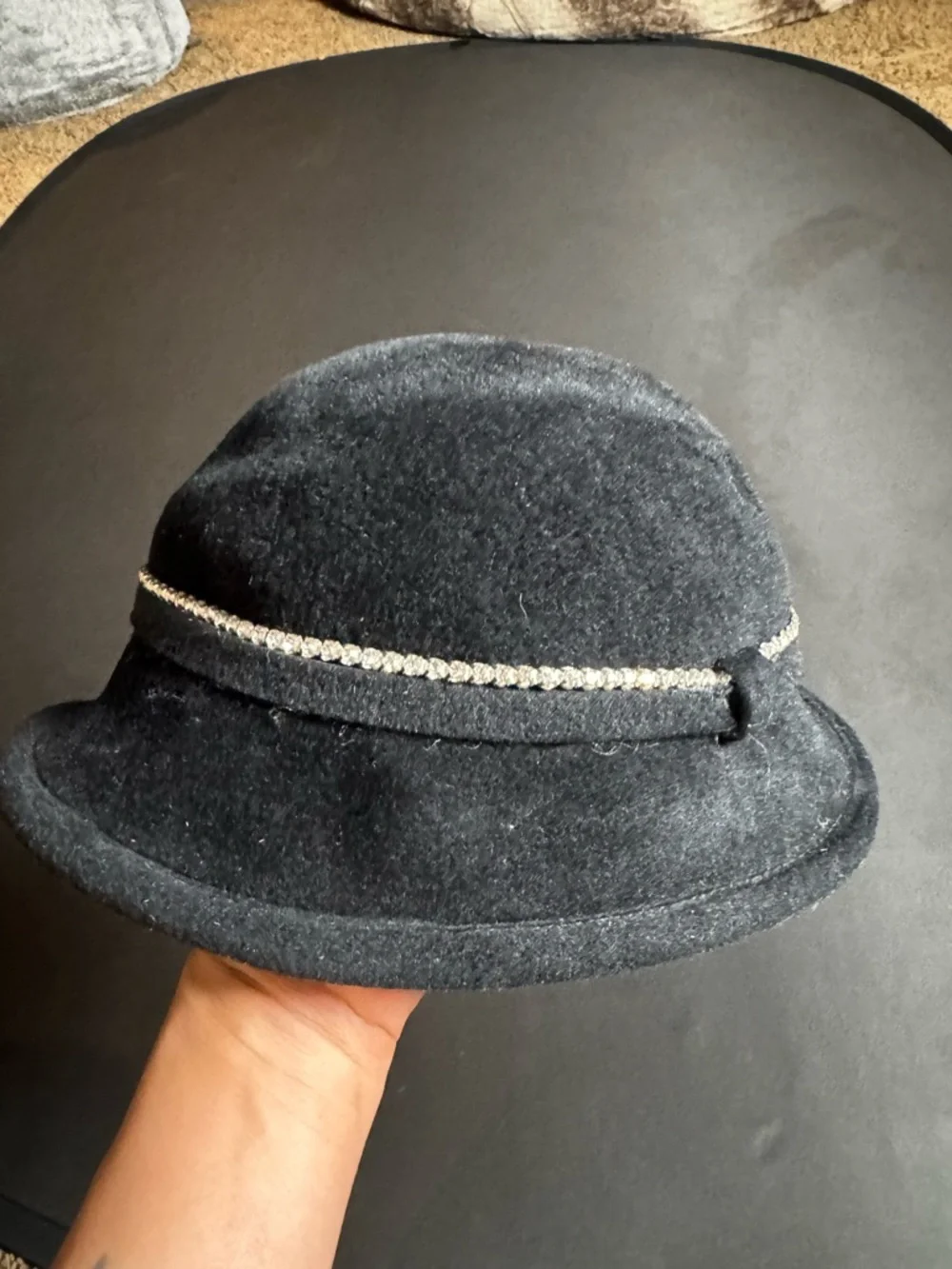 Vintage Betmar NY Black Fur Felt Cloche Hat Rhinestone Band